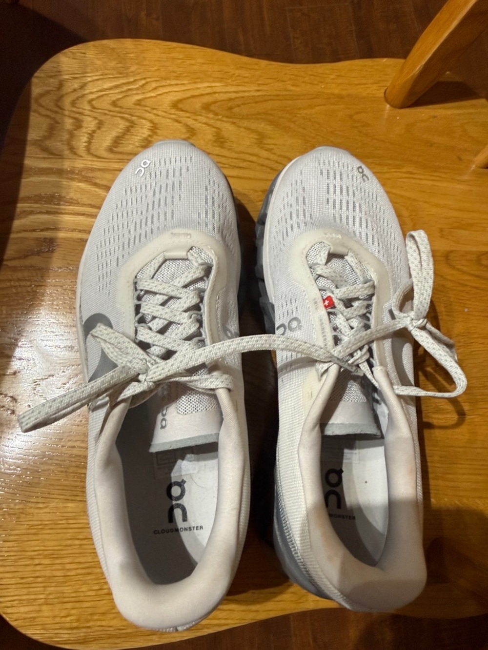 On Running Cloudmonster Shoes in Light Gray and White